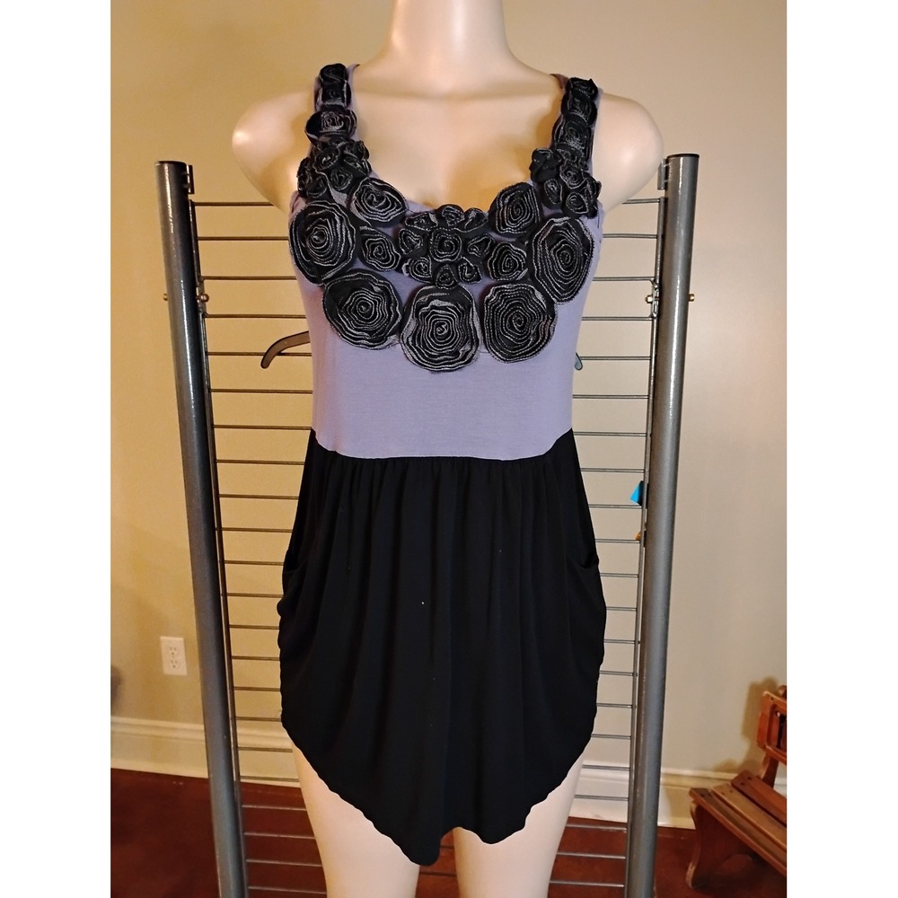 Soprano Purple Black Rosette Embellished Sleeveless Mini Dress with Pockets